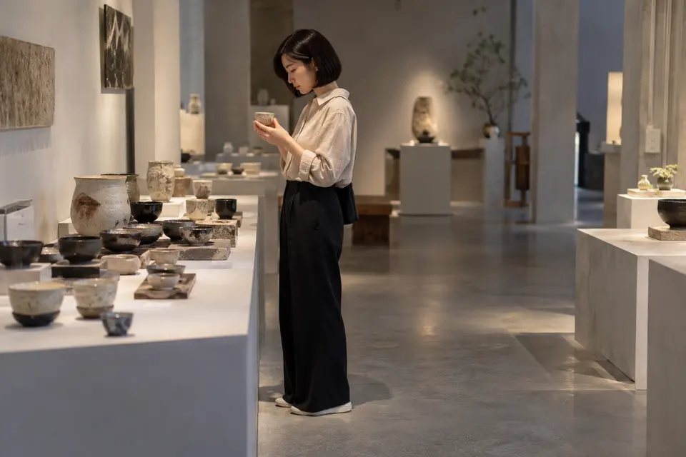 茶器展览现场，年轻女性在陈列的陶瓷茶器前品饮，桌面摆放白瓷杯与茶壶